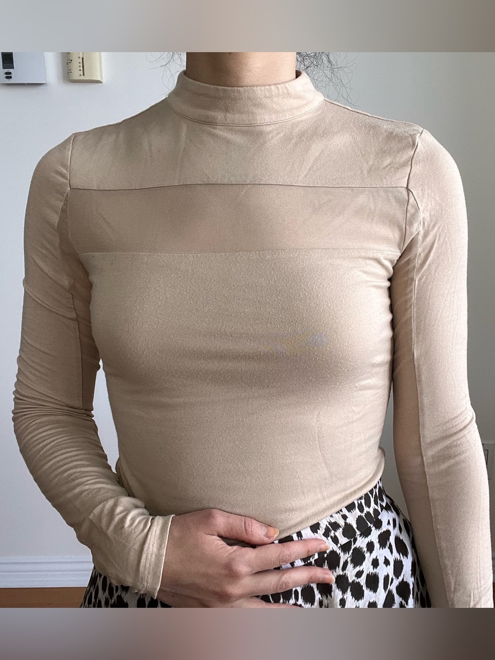 Marciano Beige Mock Neck Long Sleeve Top